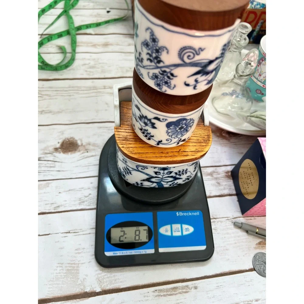 Blue Danube Salt Box Spice Jar Set Blue White Floral‎ Wood Lids 3pc OS